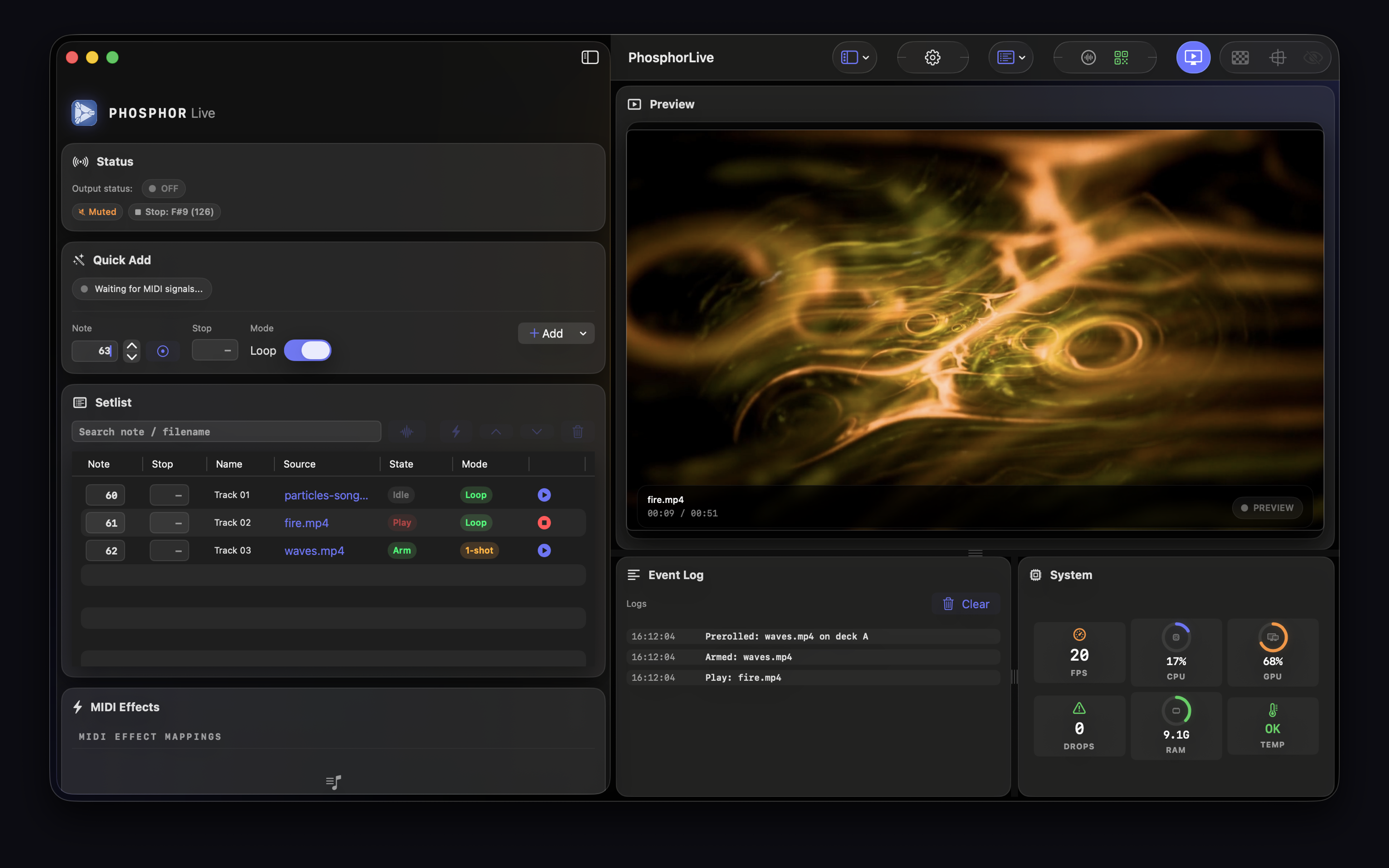 PhosphorLive main interface with setlist, preview and effects